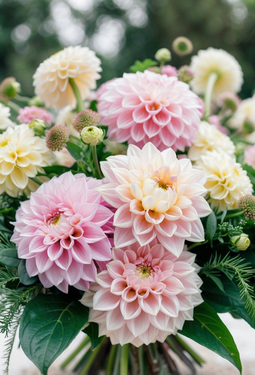 A delicate dahlia bouquet in soft pastel hues, featuring intricate layers of petals and lush greenery