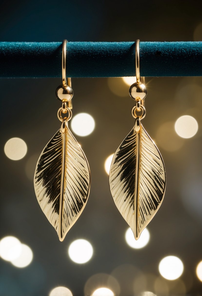 A close-up of two gold leaf drop earrings against a dark velvet background, catching the light and casting a shimmering glow