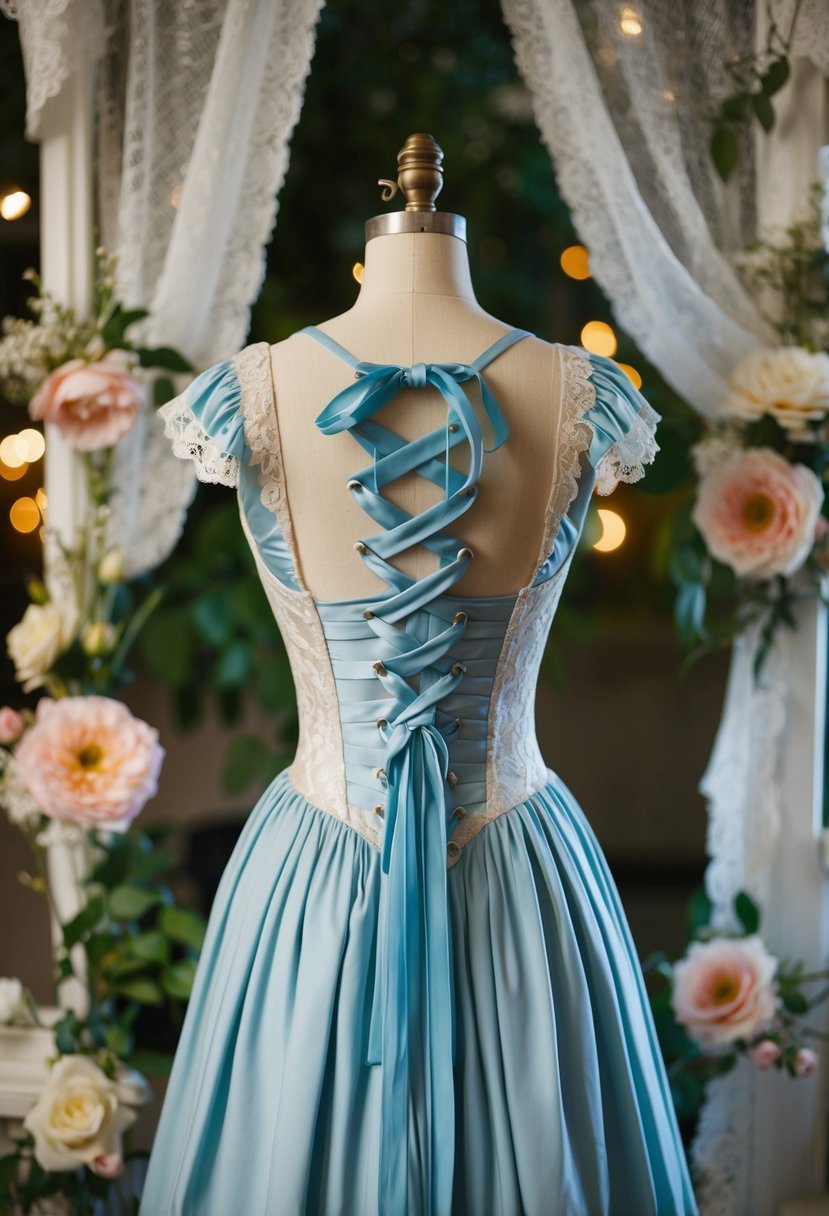 A Victorian lace-up back dress hangs on a vintage mannequin surrounded by delicate lace and floral details