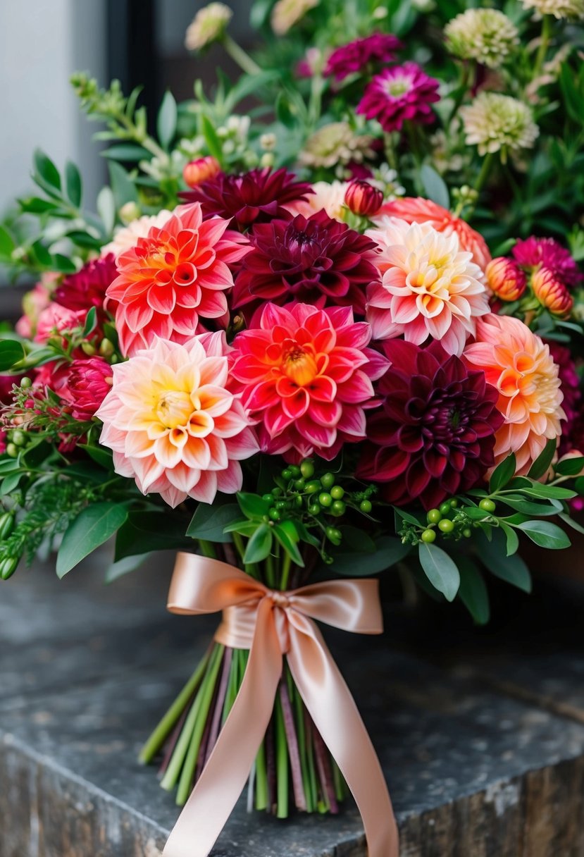 A vibrant dahlia bouquet in shades of cranberry and coral, accented with lush greenery and tied with a satin ribbon