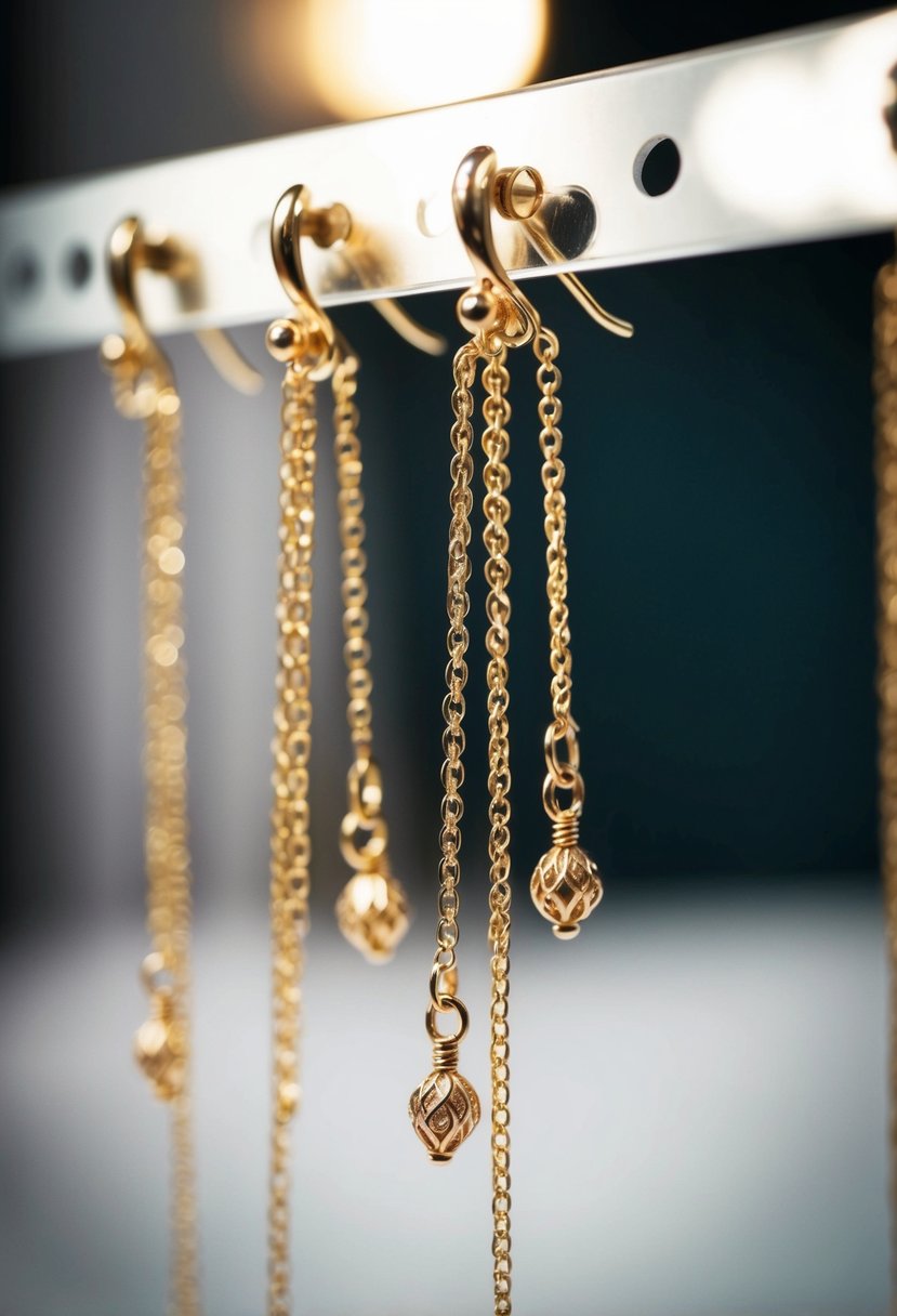 A pair of delicate chain earrings dangling from a display, catching the light with their intricate design