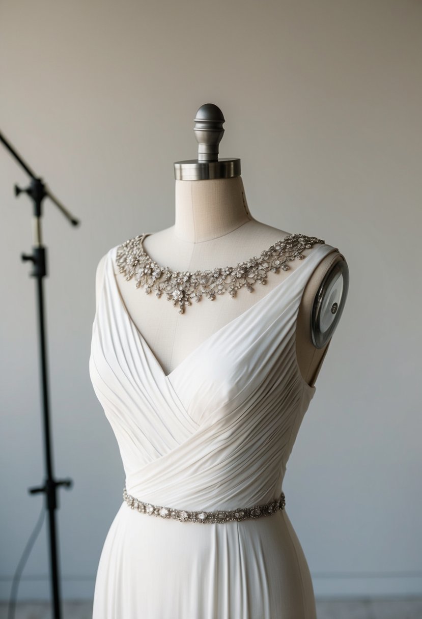 A mannequin wearing an 80s vintage sheath wedding dress with an embellished neckline, set against a minimalist backdrop