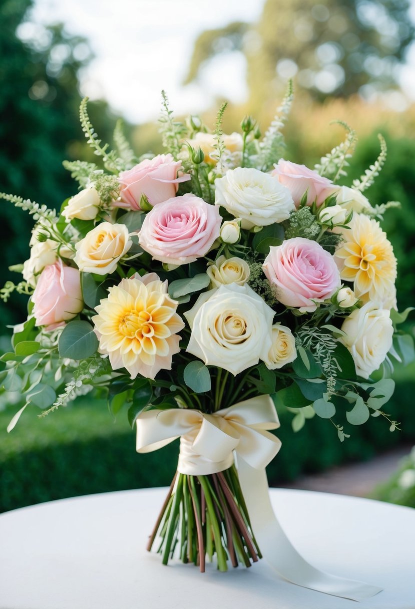 A lush bouquet of garden roses and dahlias, adorned with delicate greenery and tied with a satin ribbon, exudes elegance and romance