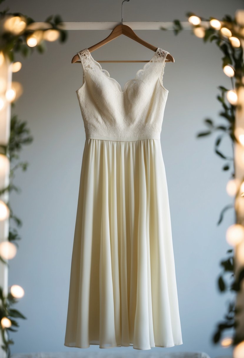 An ivory midi dress hangs on a vintage coat hanger, surrounded by soft, romantic lighting and delicate lace details