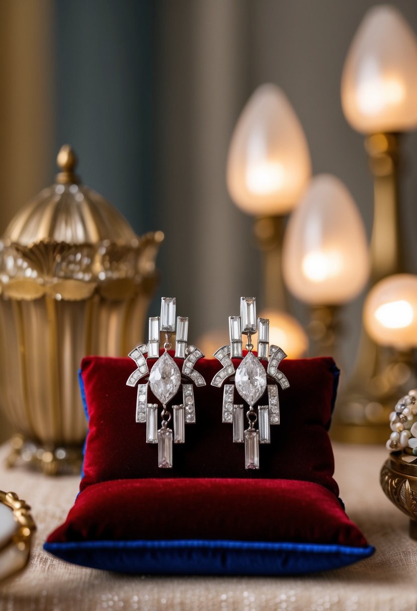 A pair of dazzling Art Deco earrings displayed on a velvet cushion, surrounded by soft, warm lighting and elegant vintage decor