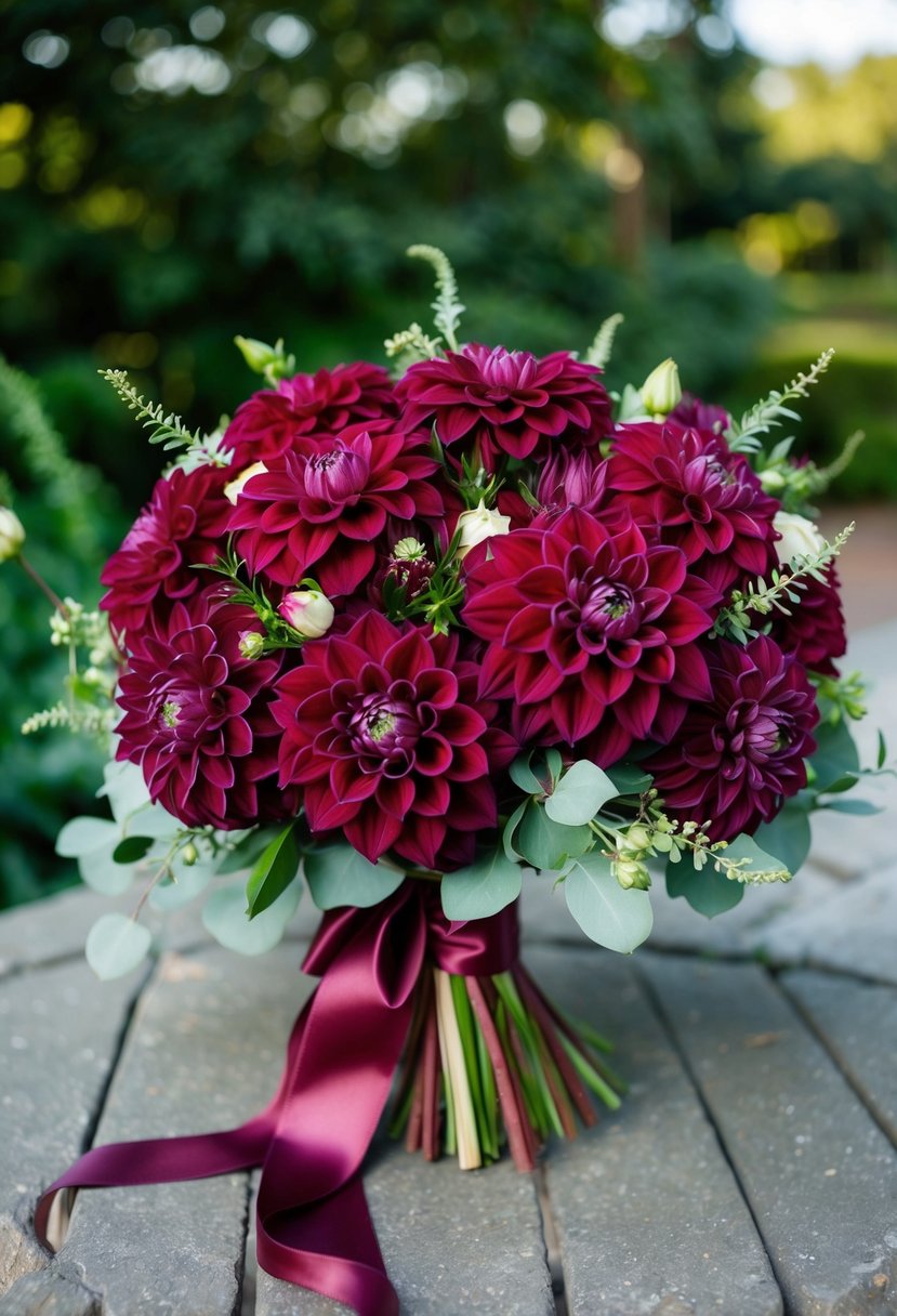 A lush wedding bouquet of burgundy elegance dahlias, accented with delicate greenery and tied with a satin ribbon