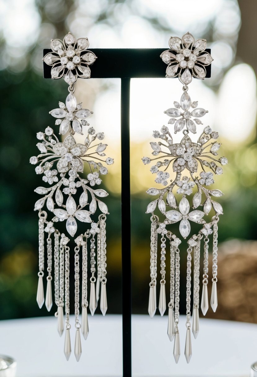 A pair of large, intricate chandelier earrings adorned with delicate floral designs, sparkling gemstones, and cascading chains, creating a glamorous and eye-catching statement piece for a wedding ensemble