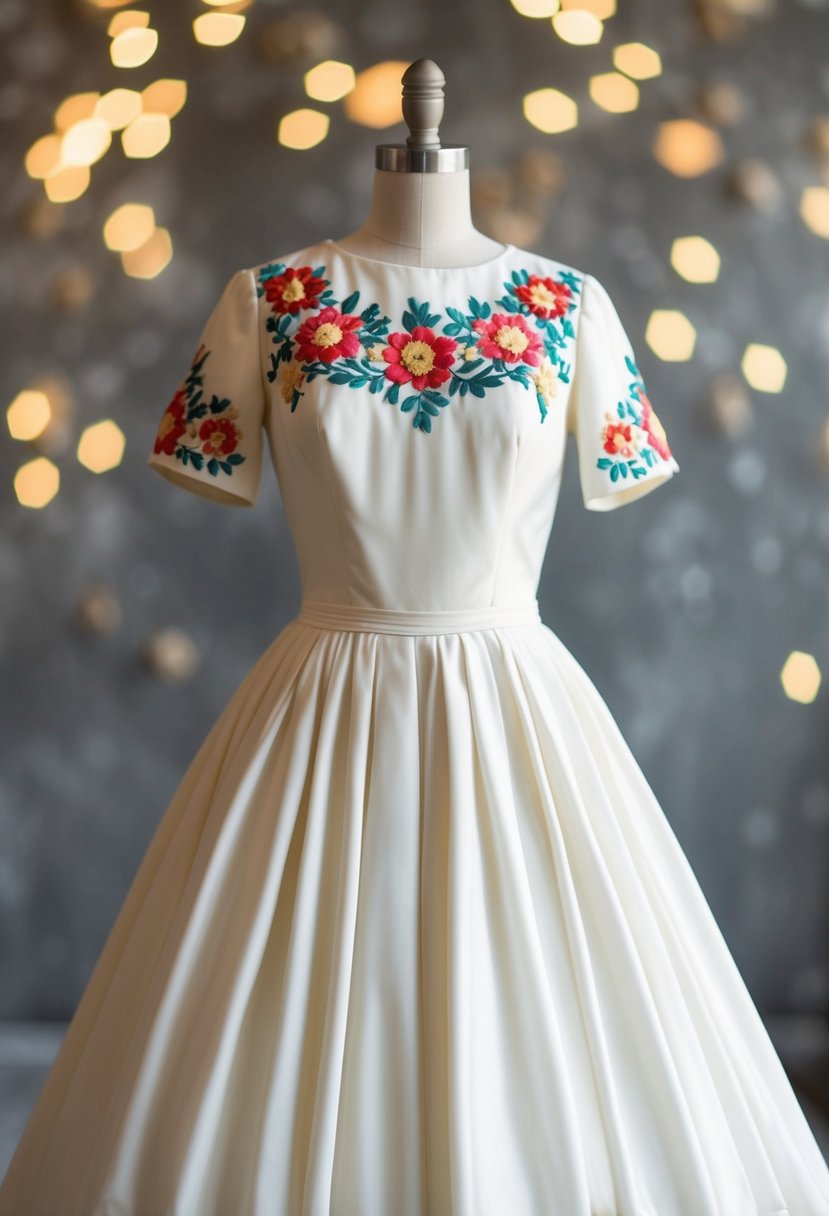 A simple 80s vintage wedding dress with floral applique details on the bodice and sleeves, with a flowing A-line skirt