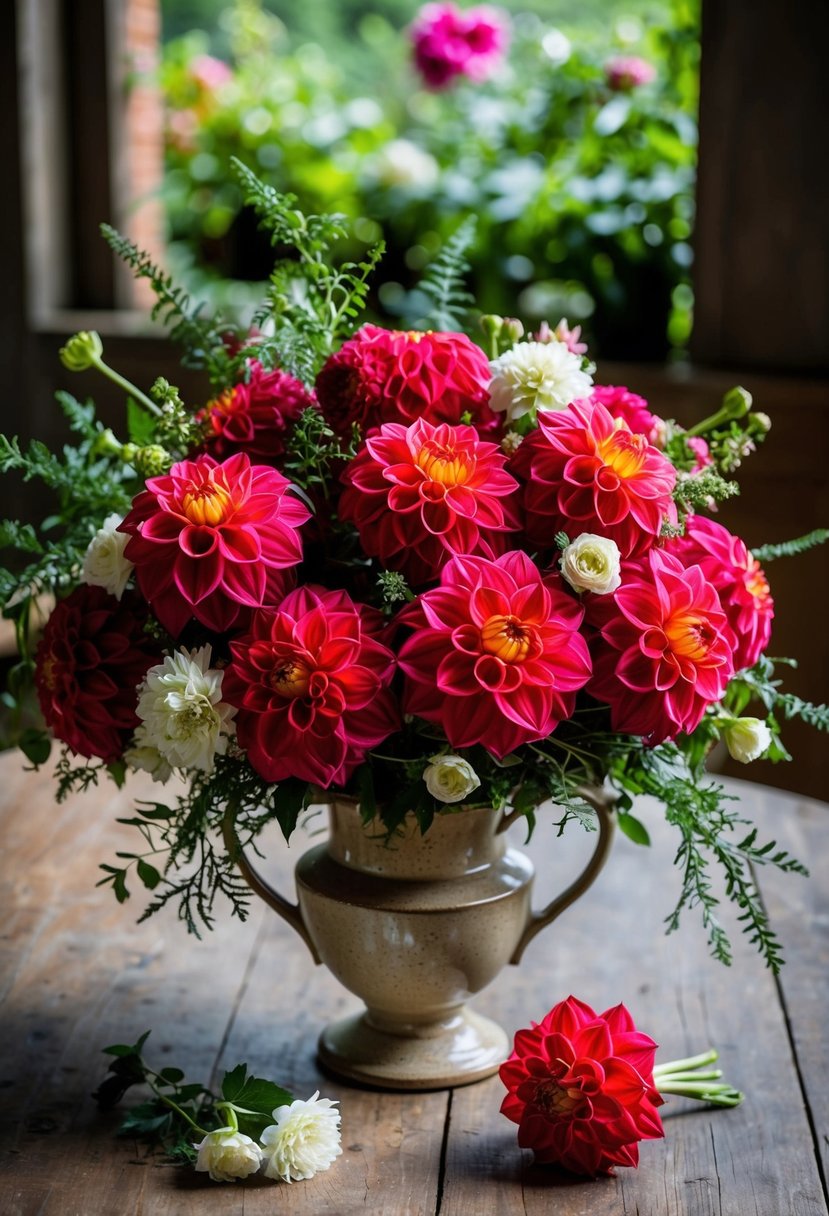 A lush bouquet of crimson charm dahlias, nestled among greenery and accented with delicate white blooms, sits in a vintage ceramic vase on a rustic wooden table