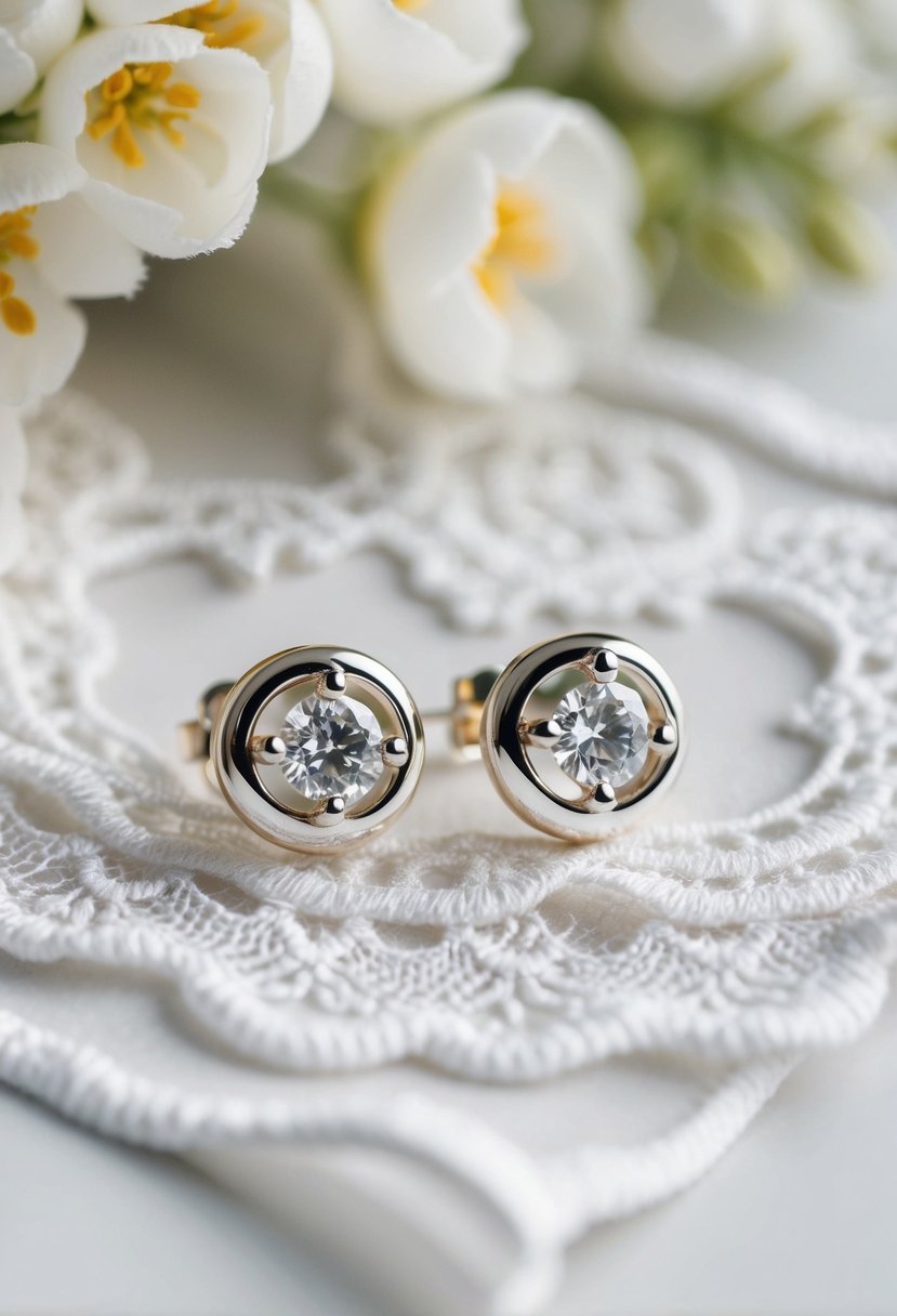 A pair of white gold stud earrings shining under soft lighting, surrounded by delicate lace and floral details