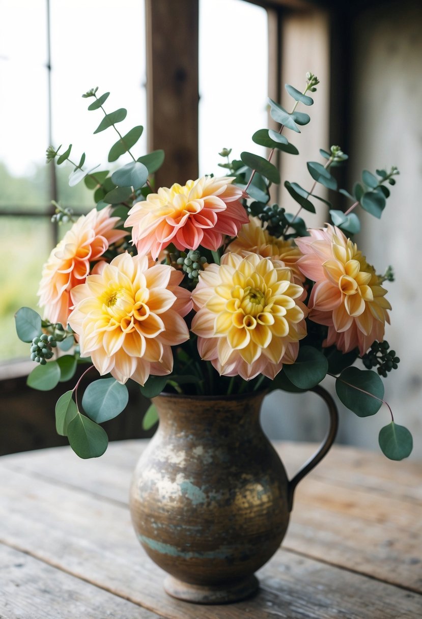 A dahlia wedding bouquet with eucalyptus accents, arranged in a rustic, vintage-inspired vase