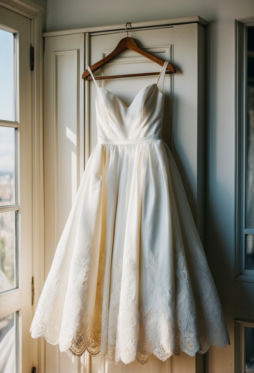 An 80s vintage wedding dress with a scalloped lace hem, hanging on a rustic wooden hanger in a sunlit room