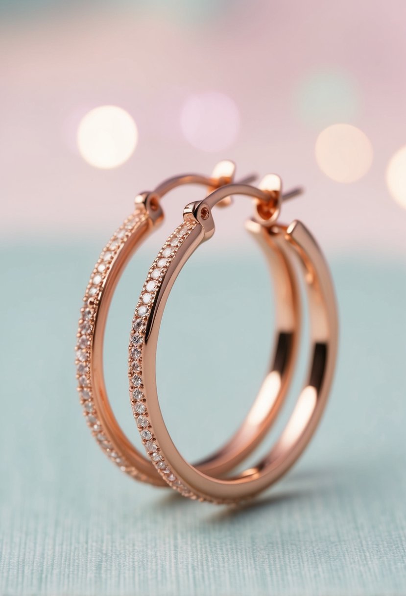 A close-up of rose gold hoop earrings, adorned with delicate details and sparkling gemstones, set against a soft pastel background