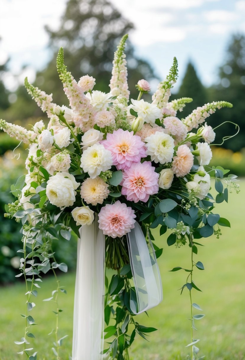 A lush bouquet of Lisianthus and Dahlia blooms, arranged in a delicate cascade with trailing greenery and delicate ribbon accents