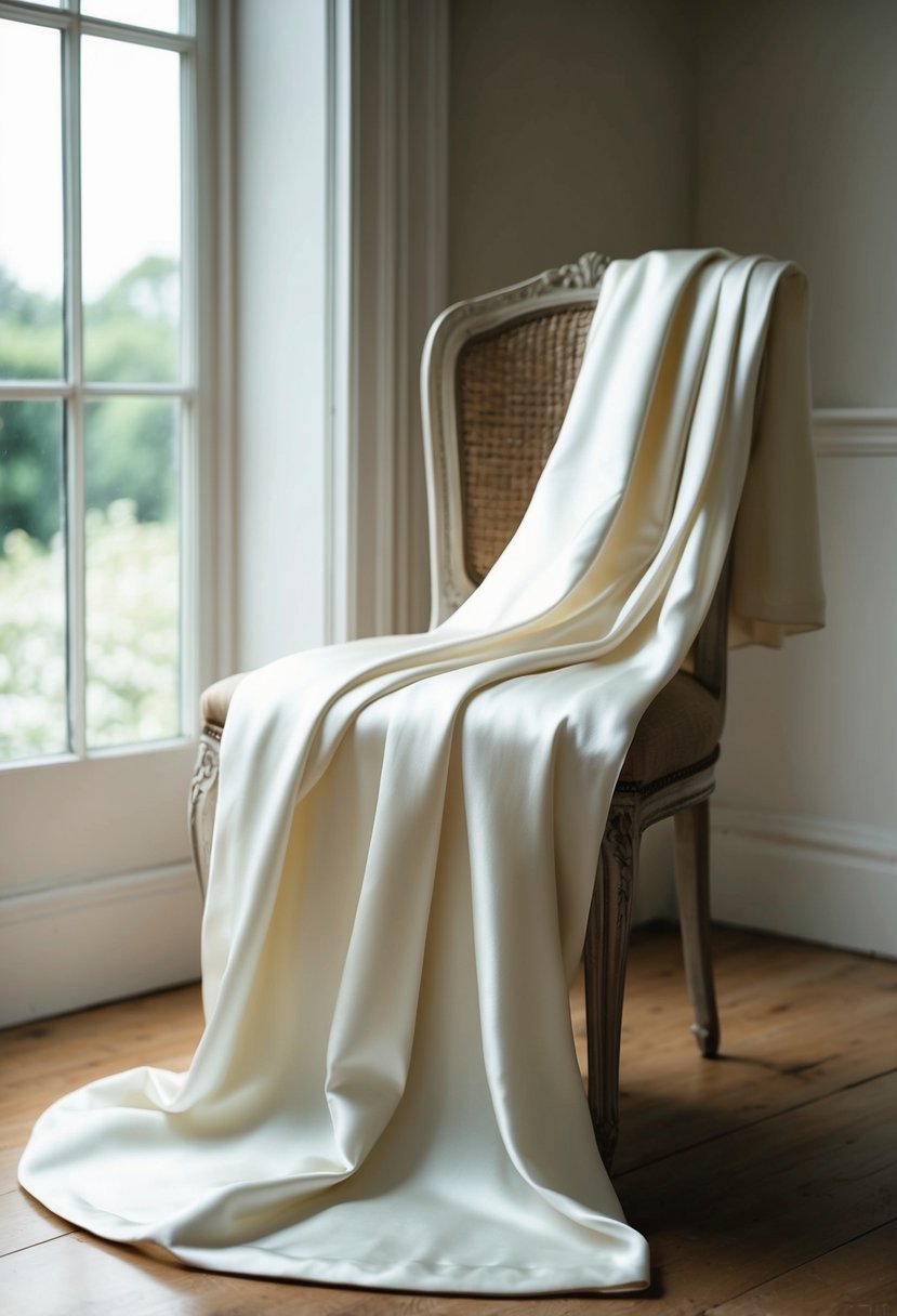 An ivory silk bias-cut gown drapes elegantly over a vintage wooden chair, bathed in soft natural light from a nearby window