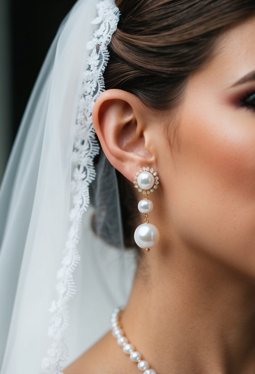 A bride's ear adorned with freshwater pearl dangle earrings, reflecting elegance and sophistication