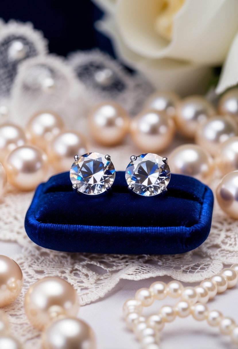 A pair of Swarovski crystal studs gleaming under soft lighting, arranged on a velvet cushion against a backdrop of delicate lace and shimmering pearls