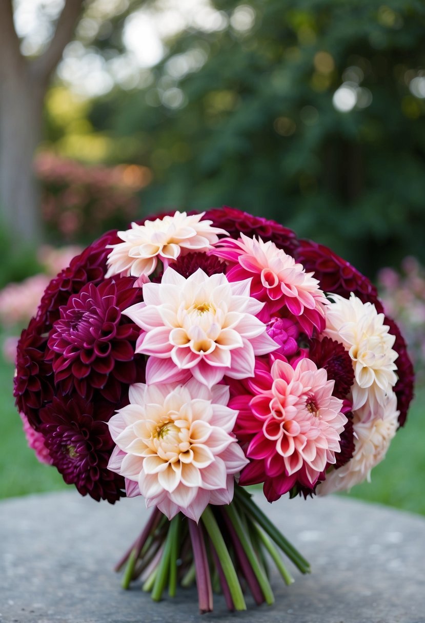 A vibrant dahlia wedding bouquet, with half the blooms in deep burgundy and the other half in soft blush pink, arranged in a harmonious blend of colors and sizes