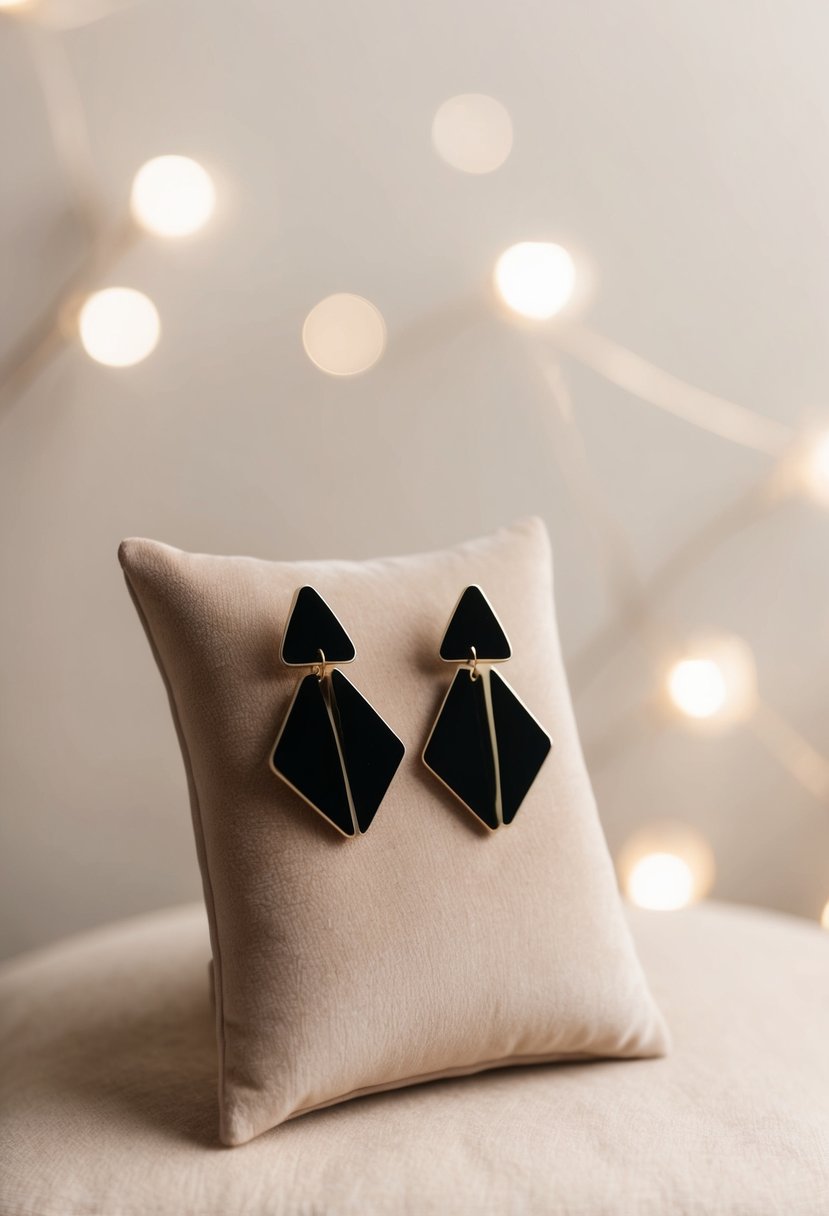 A pair of bold, geometric statement earrings displayed on a velvet cushion against a soft, neutral background