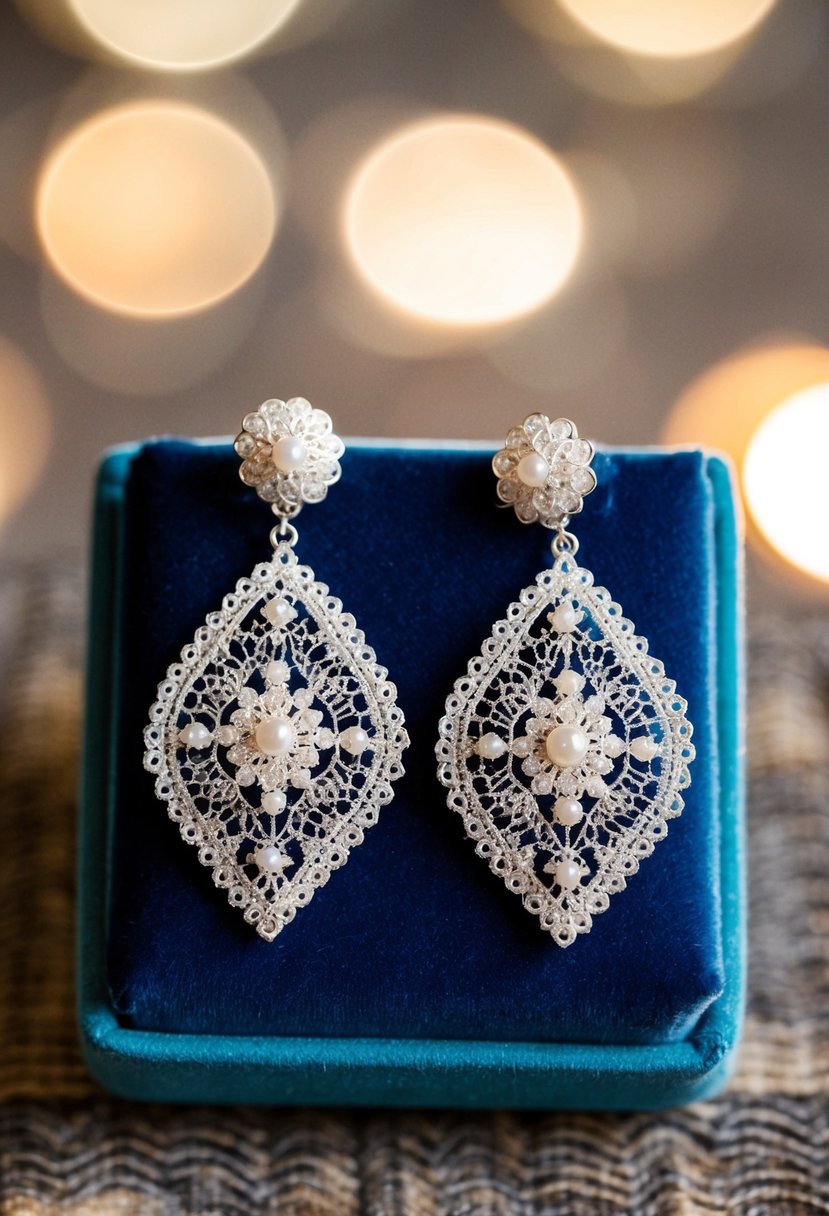 A pair of intricate lacework design earrings displayed on a velvet cushion, with soft lighting highlighting their elegant details