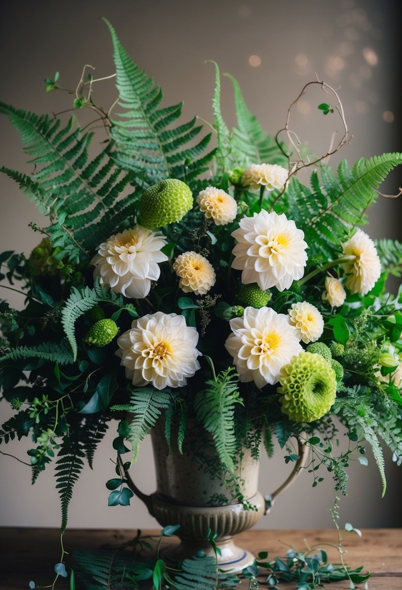 A lush bouquet of frilly ferns and dahlias, intertwined with delicate vines and foliage, nestled in a vintage-inspired vase