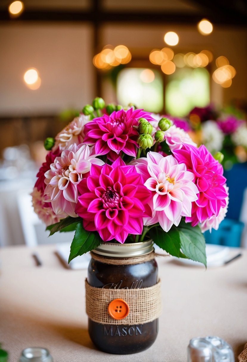 A vibrant dahlia bouquet in a rustic, buttonhole-adorned mason jar centerpiece