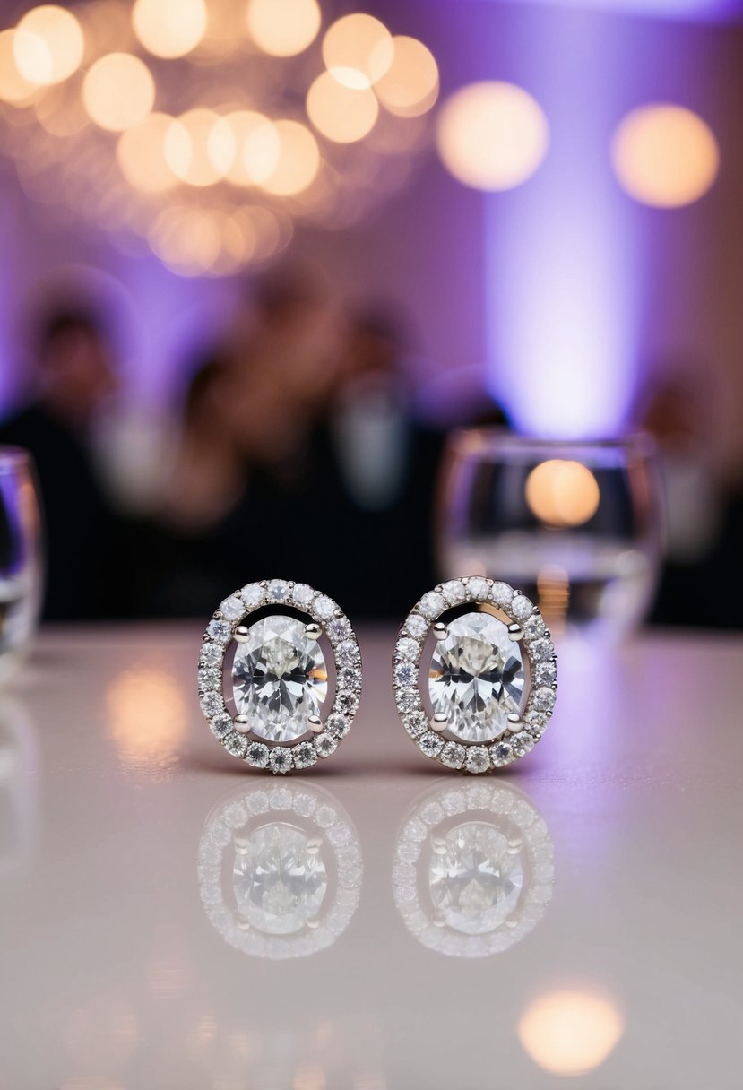 A pair of oval halo earrings with shimmering diamonds, catching the light at a glamorous wedding reception