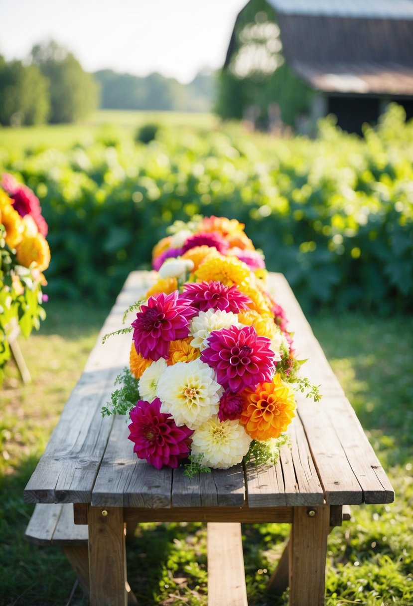 A rustic wooden table adorned with colorful dahlia wedding bouquets, surrounded by lush greenery and soft sunlight filtering through the farm setting