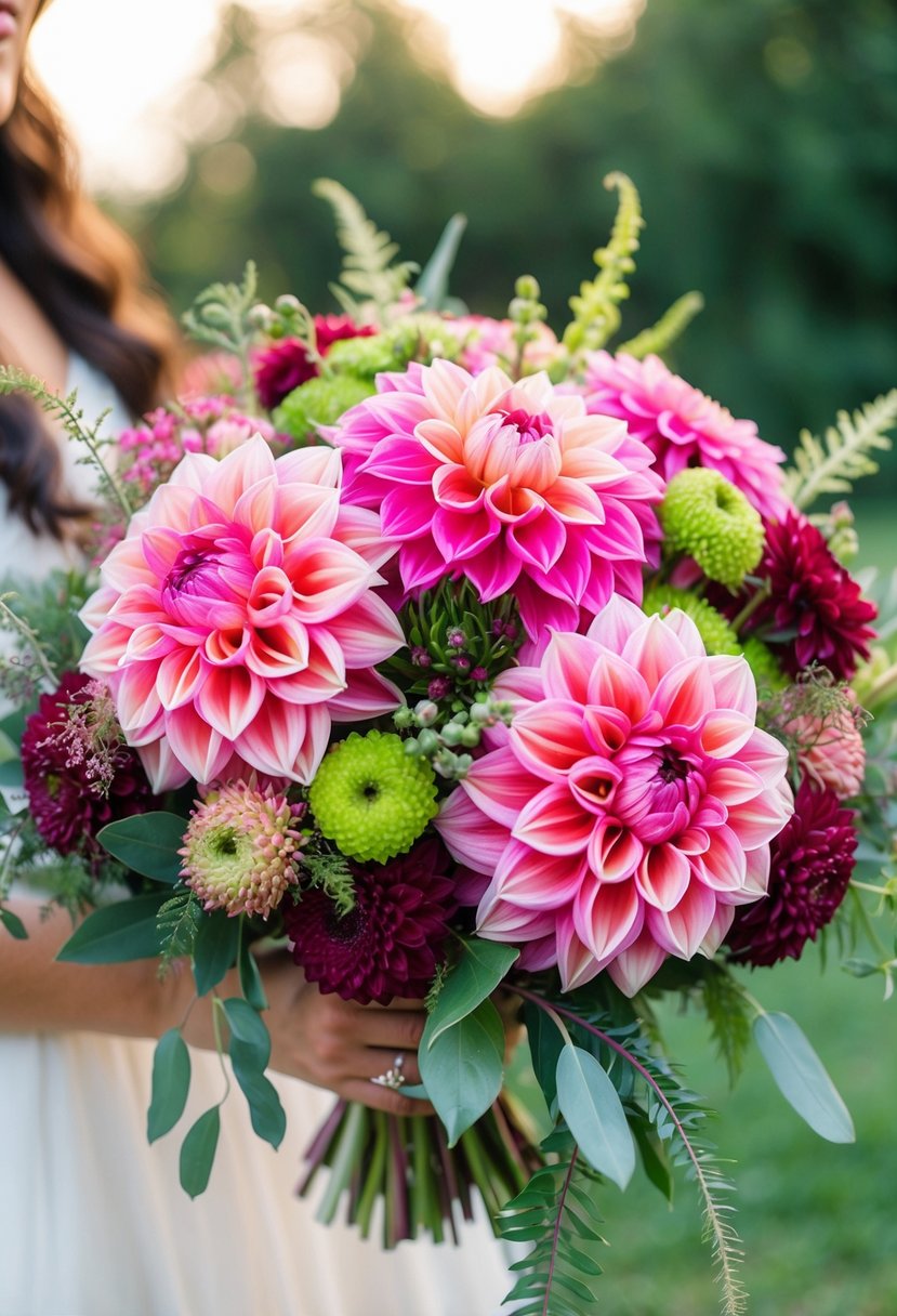 A vibrant dahlia wedding bouquet, carefully arranged with assorted greenery and delicate filler flowers, exuding a sense of handcrafted artistry