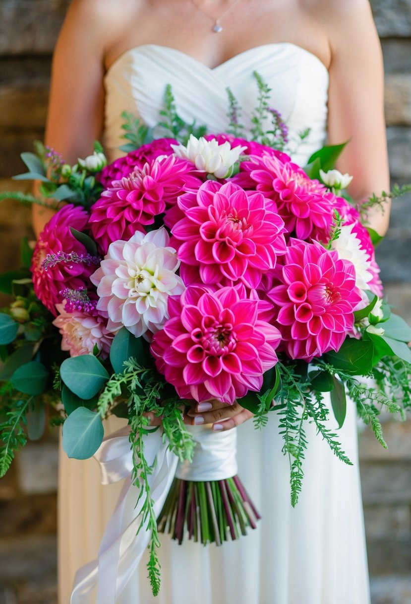 A vibrant dahlia wedding bouquet with cascading greenery and delicate ribbon accents