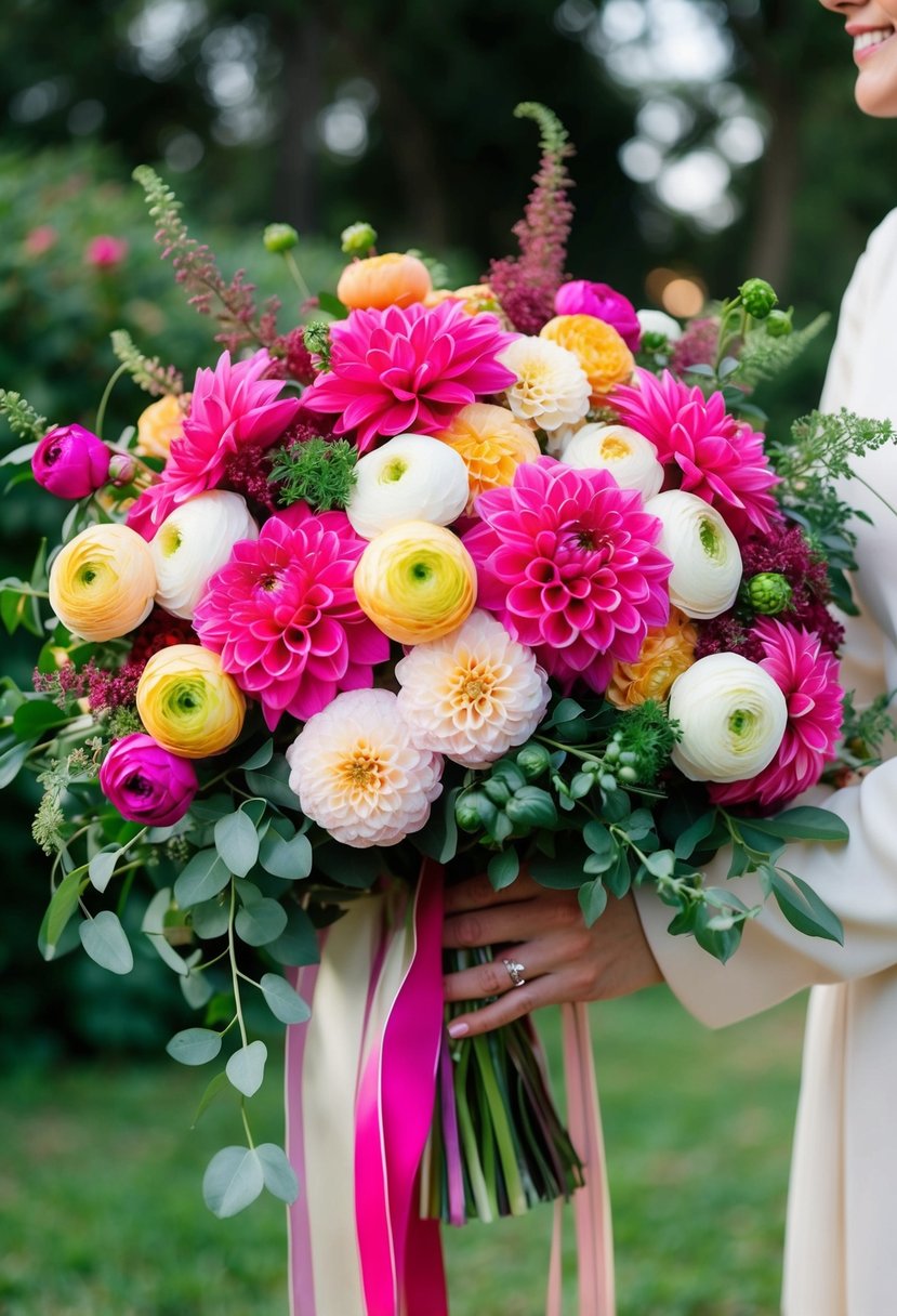 A vibrant dahlia and ranunculus bouquet with cascading greenery, tied with flowing ribbons