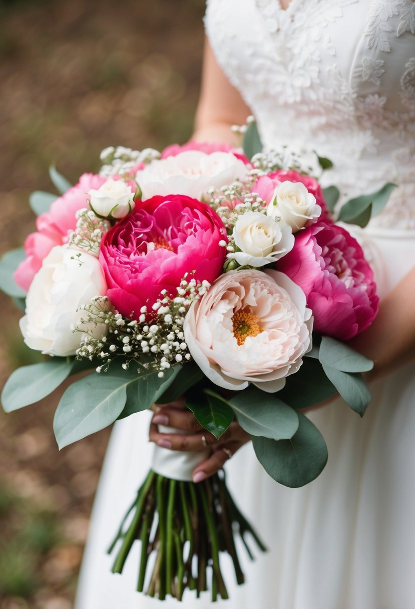 A pink and white wedding bouquet with roses, peonies, and baby's breath