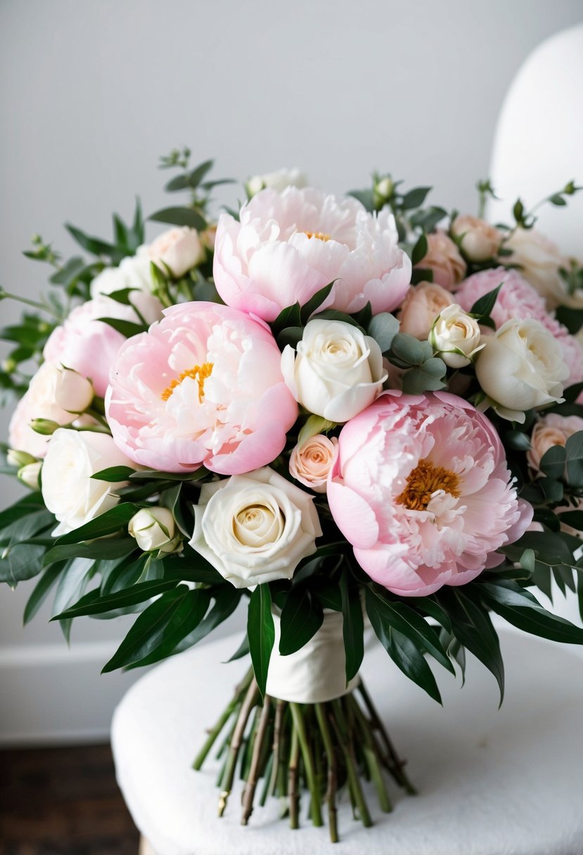 A lush bouquet of pink peonies and white roses, arranged in a delicate and romantic wedding bouquet