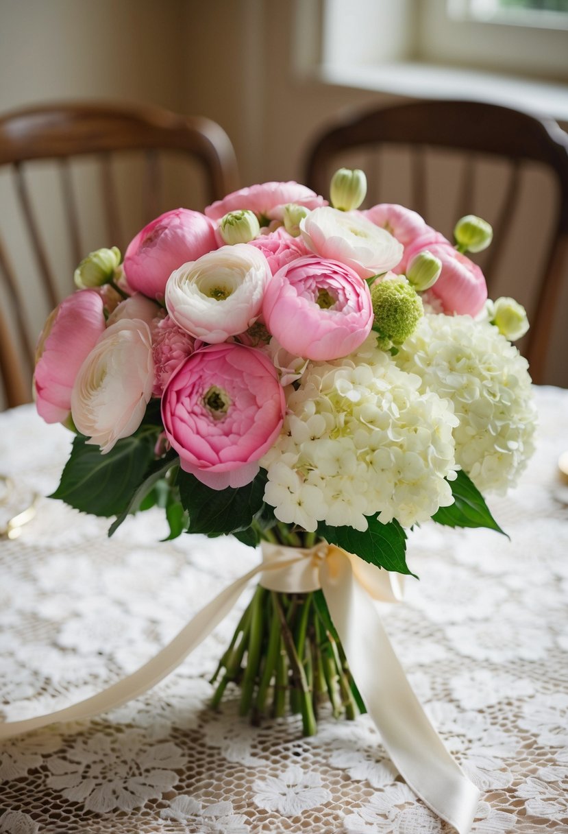 A luscious bouquet of pink ranunculus and white hydrangeas, tied with a satin ribbon, sits on a vintage lace tablecloth