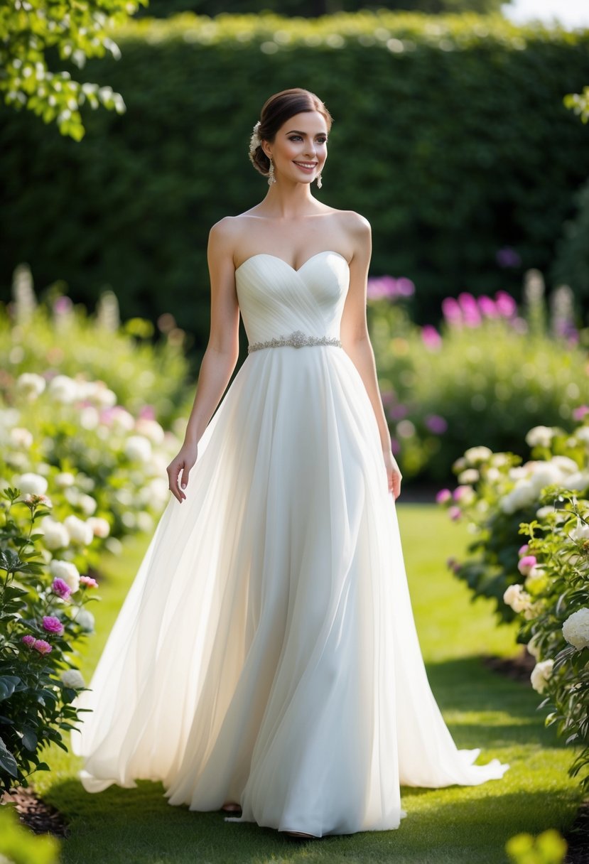 A bride in a flowing strapless dress with elegant wedding earrings, standing in a garden with blooming flowers and lush greenery