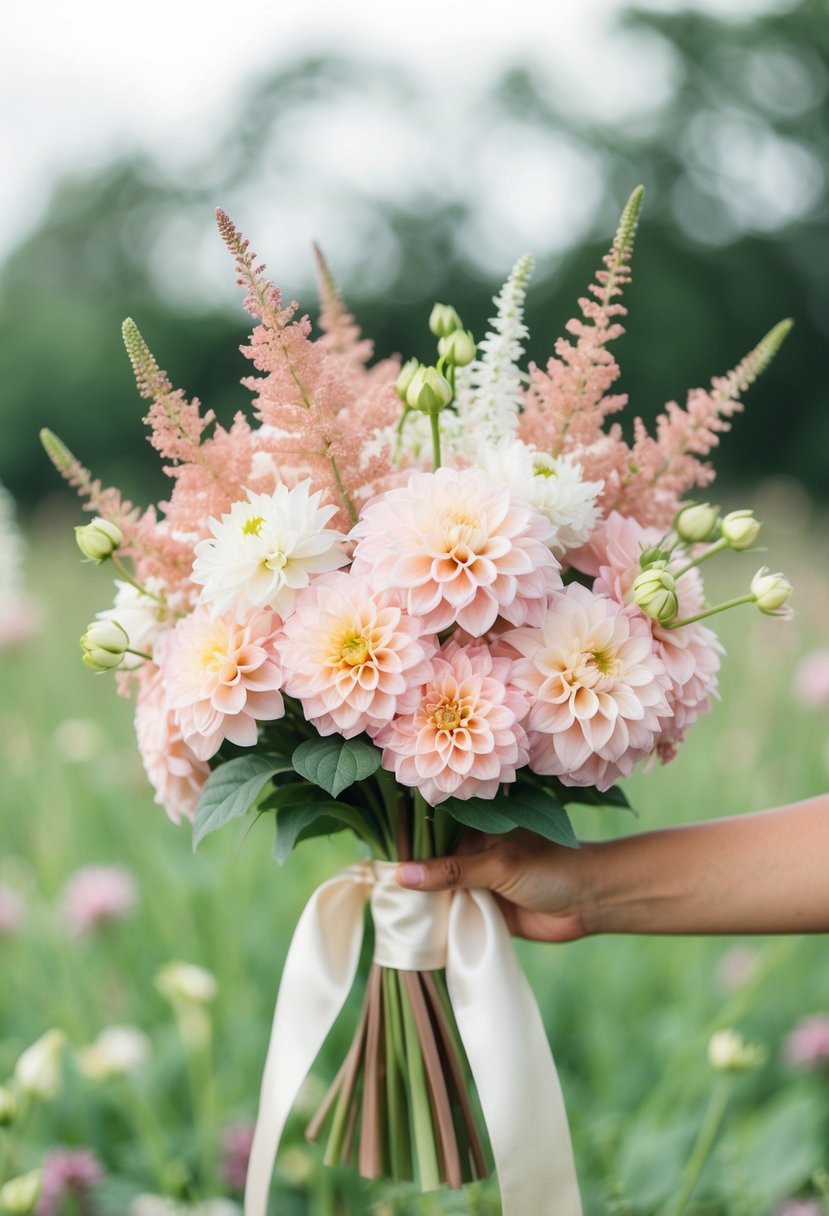 A delicate bouquet of blush dahlias and white astilbes, tied with a satin ribbon