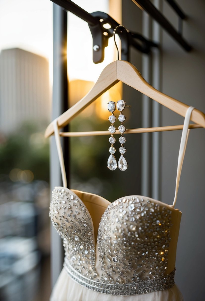 A strapless dress hangs on a hanger, with crystal drop earrings draped over the neckline, catching the light and sparkling