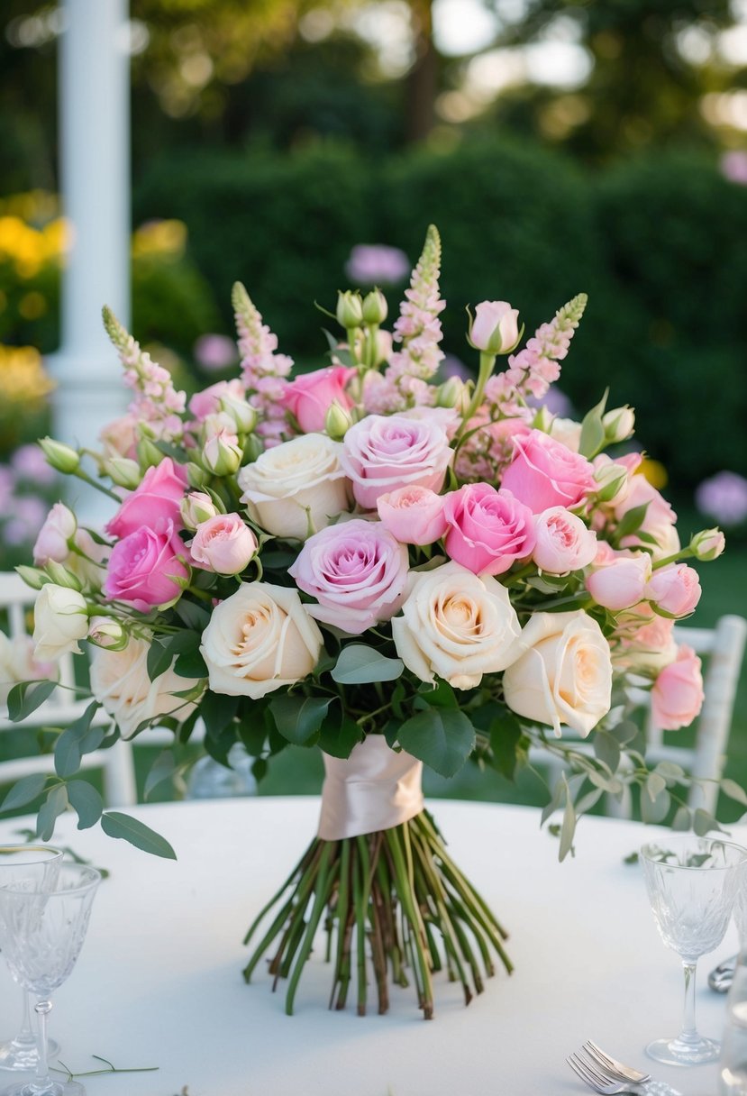 A lush bouquet of garden roses and soft pink lisianthus arranged in a romantic and elegant style