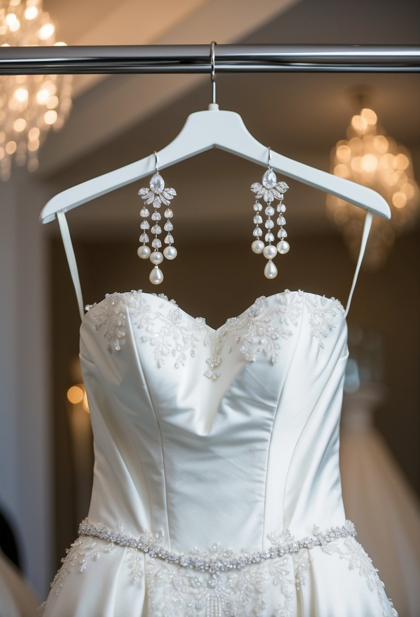 A strapless dress hangs on a mannequin, adorned with elegant pearl chandelier earrings, evoking classic wedding elegance