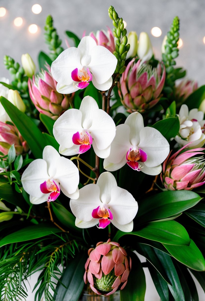 A lush bouquet of white orchids and pink proteas, elegantly arranged with green foliage