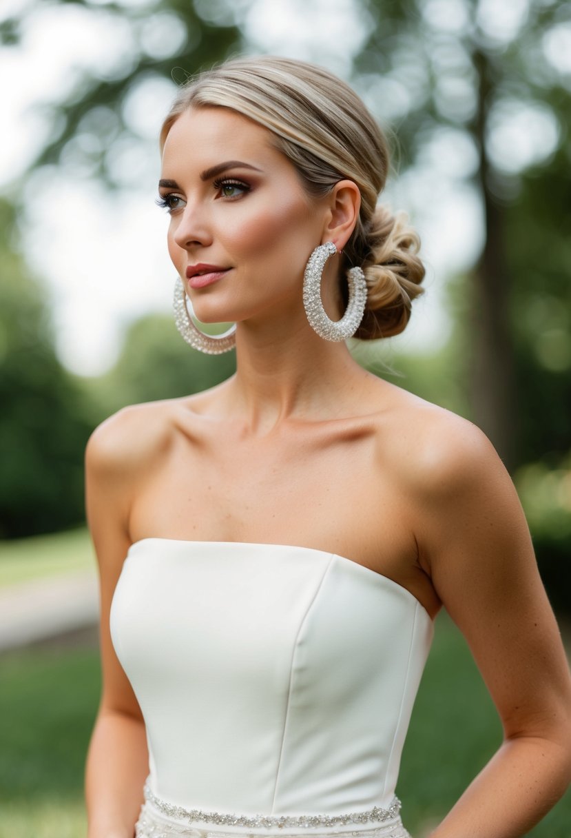 A strapless dress with statement hoop earrings, adding a bold touch for a wedding look