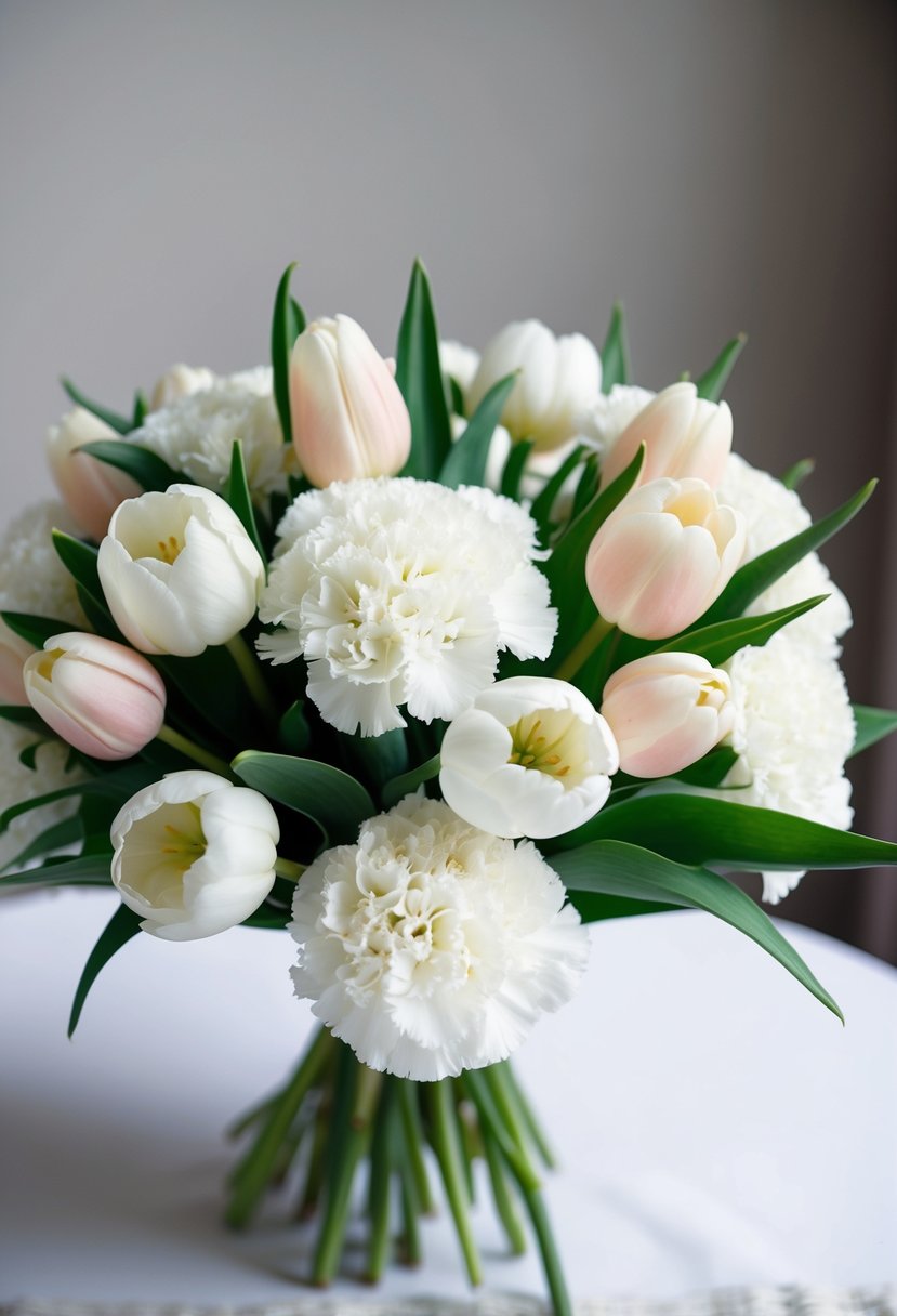 A bouquet of white carnations and light pink tulips arranged in an elegant wedding bouquet