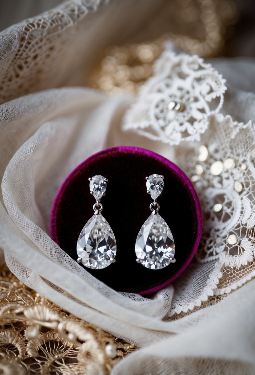 A pair of teardrop diamond earrings dangle from a velvet cushion, surrounded by delicate lace and silk fabric, evoking timeless glamour and elegance