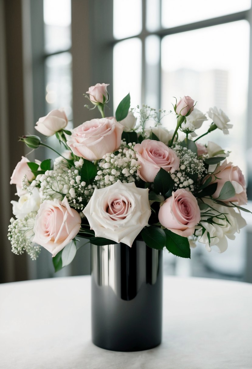 A chic monochrome pink and white wedding bouquet, featuring elegant roses and delicate baby's breath, arranged in a sleek, modern vase