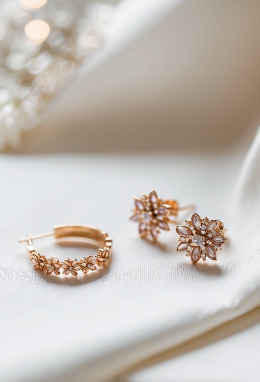 A close-up of delicate floral earrings next to a strapless wedding dress, evoking a romantic and elegant atmosphere