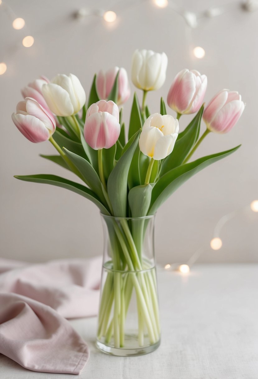 A delicate arrangement of pastel pink and crisp white tulips in a glass vase, set against a soft, neutral backdrop