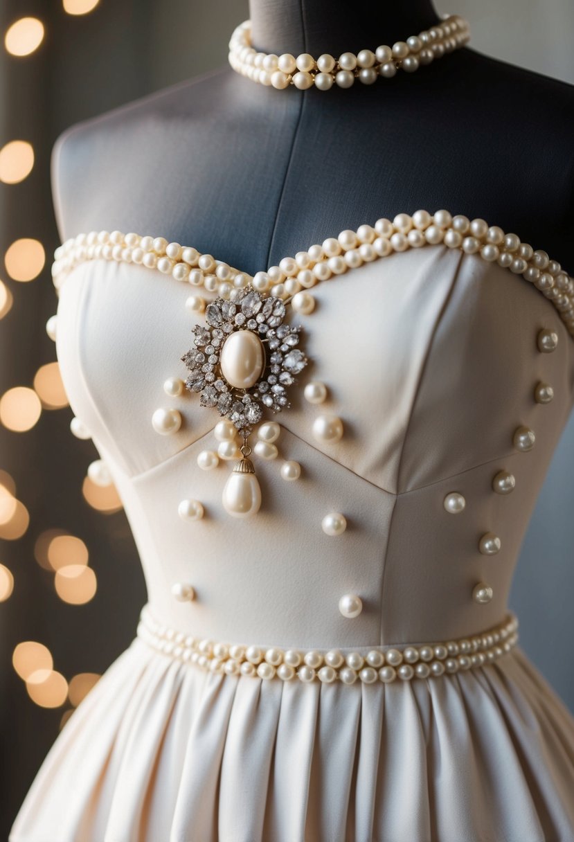 A vintage charm strapless dress adorned with oversized pearl studs