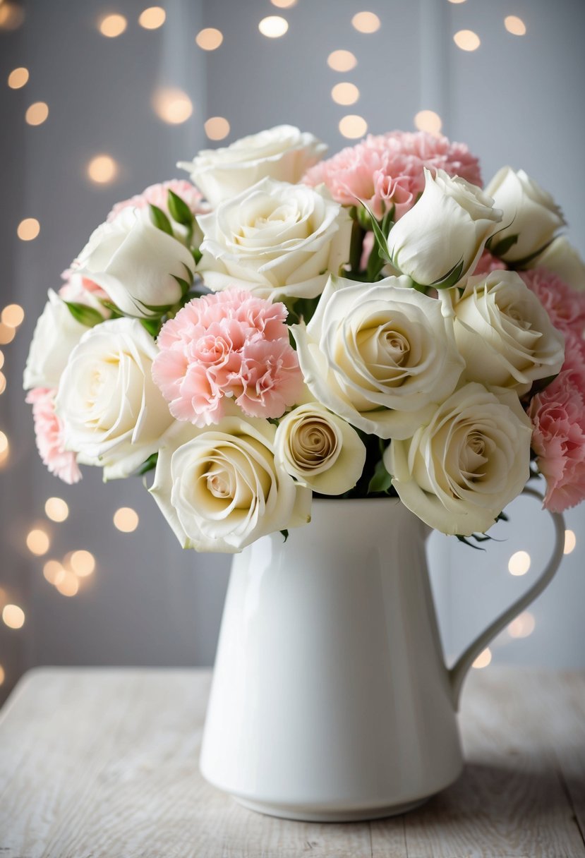 A delicate bouquet of ivory roses and pink carnations arranged in a white vase