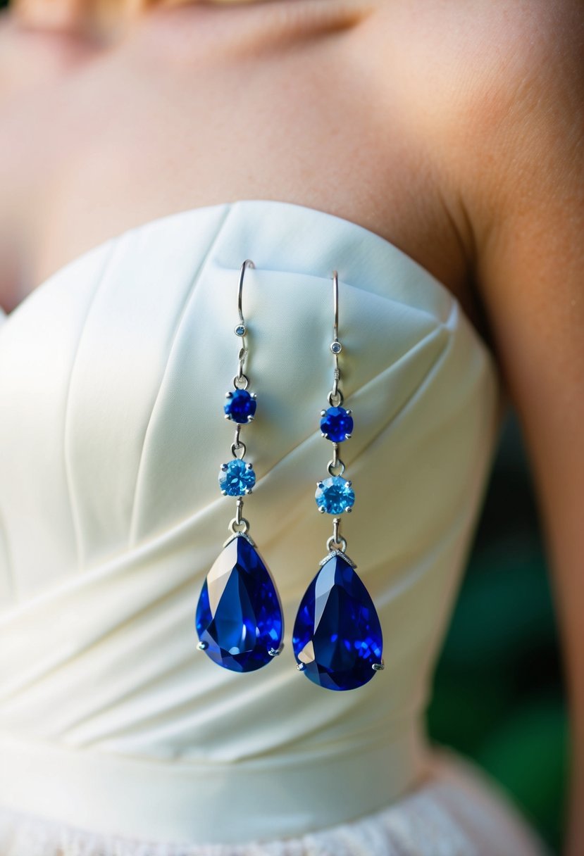 Sapphire drop earrings dangle from a strapless dress, adding a pop of color to the wedding ensemble