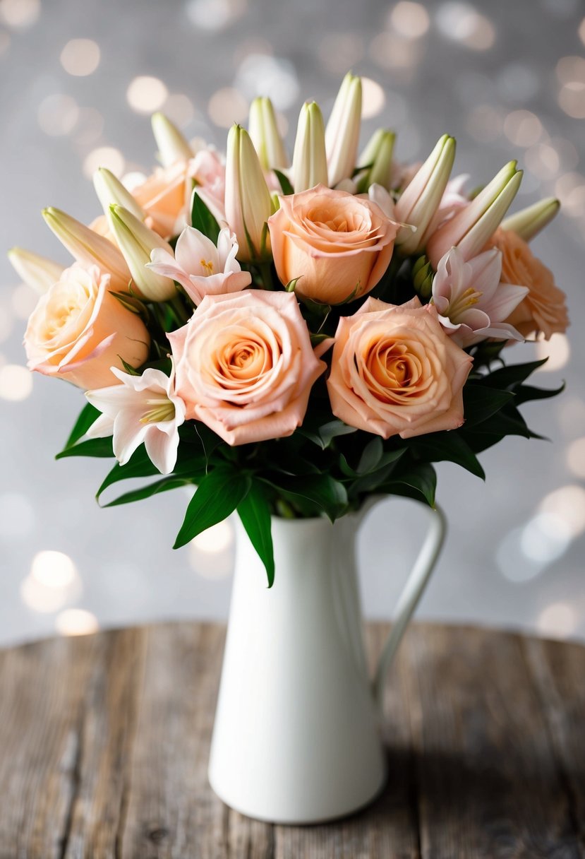 A bouquet of peach roses and pale pink alstroemerias arranged in a white vase